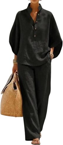 Linen Sets for Womens 2 Piece Outfits Batwing Sleeve V Neck Button Shirts and Wide Leg Pants Set Vacation Beach Outfits in Saudi Arabia