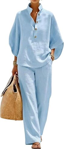 Linen Sets for Womens 2 Piece Outfits Batwing Sleeve V Neck Button Shirts and Wide Leg Pants Set Vacation Beach Outfits in Saudi Arabia
