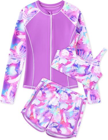 Girls 3 Piece Swimsuit Long Sleeve Rash Guard Zipper Bathing Suit UPF 50+ Summer Swimwear for Girl 5-14 Years in Kuwait