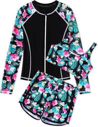 Girls 3 Piece Swimsuit Long Sleeve Rash Guard Zipper Bathing Suit UPF 50+ Summer Swimwear for Girl 5-14 Years in Saudi Arabia