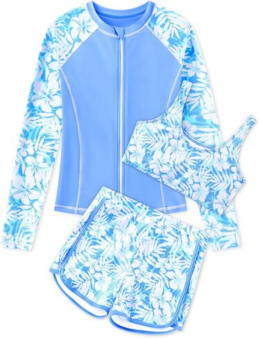 Girls 3 Piece Swimsuit Long Sleeve Rash Guard Zipper Bathing Suit UPF 50+ Summer Swimwear for Girl 5-14 Years in Saudi Arabia