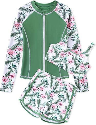 Girls 3 Piece Swimsuit Long Sleeve Rash Guard Zipper Bathing Suit UPF 50+ Summer Swimwear for Girl 5-14 Years in Saudi Arabia