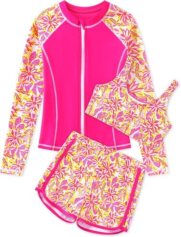 Girls 3 Piece Swimsuit Long Sleeve Rash Guard Zipper Bathing Suit UPF 50+ Summer Swimwear for Girl 5-14 Years in Saudi Arabia
