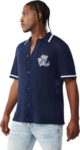 True Religion Men’s Short Sleeve TR Crown Logo Knit Shirt – Soft Cotton, Classic Fit, Logo Graphic in Kuwait