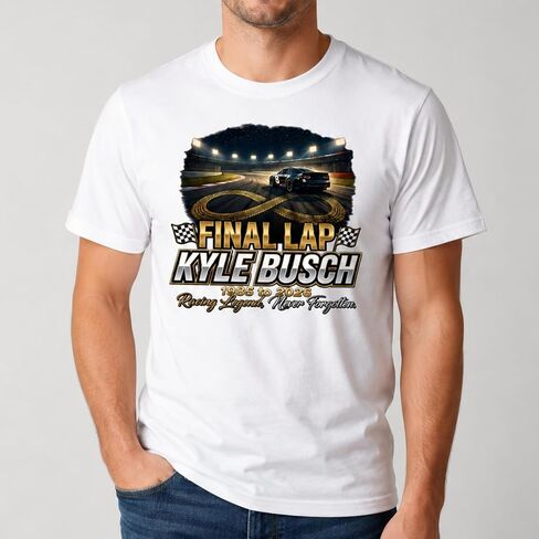 Final Lap Racing Legend Shirt, Kyle Busch Inspired Memorial Style Graphic Tee, Checkered Flag Race Car T Shirt for Motorsports Fans, White Short Sleeve Tee in Saudi Arabia