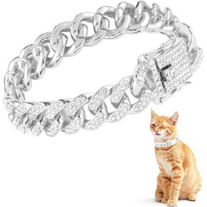 Cat Chain Collar, Diamond Cuban Link Kitten Walking Collar with Secure Buckle 12mm Wide Pet Rhinestones Necklace Metal Chain Jewelry Accessories for Cats Dogs Kittens Puppies 8inch(Silver)