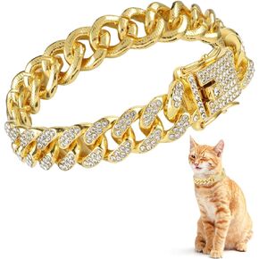 Cat Chain Collar, Diamond Cuban Link Kitten Walking Collar with Secure Buckle 12mm Wide Pet Rhinestones Necklace Metal Chain Jewelry Accessories for Cats Dogs Kittens Puppies 8inch(Silver)