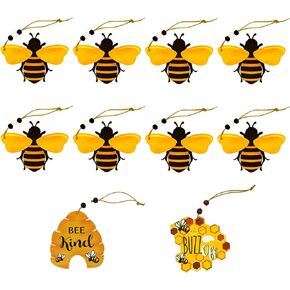 10 Pcs Bee Ornaments Beehive Wood Bumble Bees Cutouts Decorations Honeycomb Sign Crafts for Tree Tree Tray Wreath Christmas Festival Home Hanging Decor, Bulk