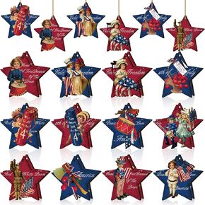 Panelee 24 Pcs Vintage 4th of July Ornaments for Tree Wooden Patriotic Ornaments Memorial Day Tree Decorations Red White Blue Hanging Ornament for Small Tree Independence Day Party Decor(Vintage)