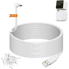 50ft Power Extension Cable Compatible with Wyze Cam Pan v3 Security Camera - 15m Long Flat USB to Micro USB L-Shaped 90 Degree Charging Cord, White