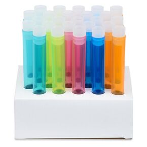 16x125mm Assorted PP Plastic Test Tubes, Flange Caps, Cardboard Rack - Pack 25, Karter Scientific 56A38