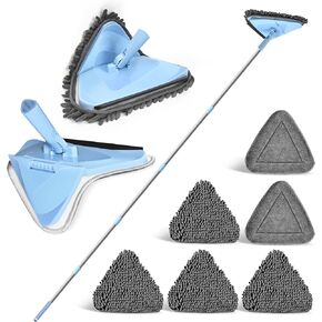 NEWE Wall Mop Cleaner with 80 Inches Long Handle, 180° Folding Ceiling Cleaning Tool with Squeegee, Triangle Baseboard Scrubber with 4 Chenille Duster and 2 Microfiber Pads for Washing Painted Walls