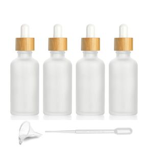 4 Pcs Bamboo Frosted Glass Eye Dropper Bottle,Empty Essential Oil Bottles With Pure Glass Pipettes,Bamboo Cap Makeup Travel Cosmetic Sample Container-Pipette&Funnel included (50ml/1.7 Ounce)