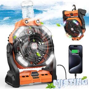 Portable Misting Fan, Camping Fan with Dual Motors and Dual Fan Blades, 12000mah Battery Operated Fan Rechargeable Fan, Personal Cooling Fan with Mister for Tents, Travel, Desk, Patios