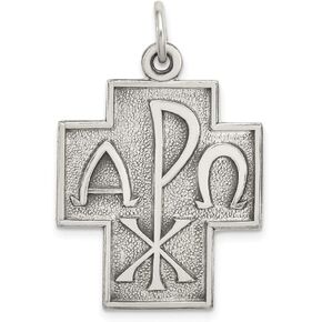 Solid 925 Sterling Silver Vintage Antiqued Alpha Omega Cross Pendant Charm - 29mm x 22mm