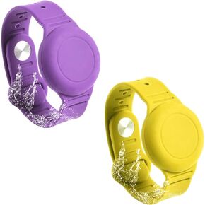 SAVITA 2pcs Kids Wristband for AirTag, Waterproof Silicone AirTag Holder Wristband for Kids Toddler Elder Adjustable Watch Band Kids Anti Lost AirTag Case Holder for Hiding GPS Tracker(Yellow, Purple)