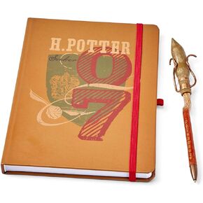 Harry Potter 07 Seeker Journal & Firebolt Pen Set - Exclusive Comic-Con 9" X 7" Hardcover Notebook With Red Elastic Closure & Writing Broomstick - Quidditch Design On Lined Pages - For Notes & Spells