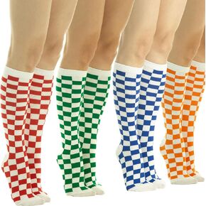 SERICI 4xCheckered Knee High Socks for Women or boys | Fun Novelty Argyle Cotton Long Tube Socks | size 5-11