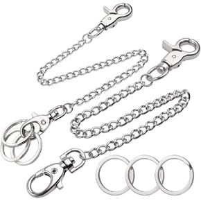 Aylifu Pocket Chain, 2 Pieces of Metal Wallet Keychain Pants Chain with Both Ends Lobster Clasps and 6 Pieces of Key Rings for Keys, Pants, Belt Loop and Wallets - 8 Inches