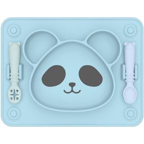 HSHQING Suction Toddler Plates with Spoon n Jam Dipper Spoon Set,Silicone Panda Shape Divided Feeding Tray, BPA-Free Self Feeding Toddler Utensils