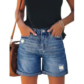 شورت جينز نسائي من LookbookStore عالي الخصر من قماش الدنيم الممزق بحاشية ملفوفة in Kuwait