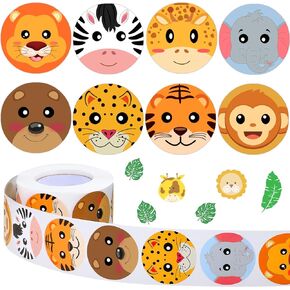 600 Pieces Jungle Animal Stickers Roll 1.5 Inch Zoo Animal Stickers Adorable Round Face Animal Label Decals Perforated Roll Sticker Teacher Reward Encouraging Stickers for Kid Party Envelope Seal Tags