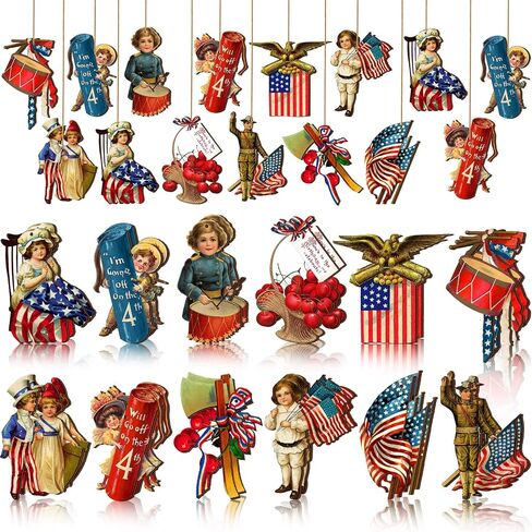 Panelee 24 Pcs Vintage 4th of July Ornaments for Tree Wooden Patriotic Ornaments Memorial Day Tree Decorations Red White Blue Hanging Ornament for Small Tree Independence Day Party Decor(Vintage) in Saudi Arabia