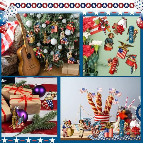 Panelee 24 Pcs Vintage 4th of July Ornaments for Tree Wooden Patriotic Ornaments Memorial Day Tree Decorations Red White Blue Hanging Ornament for Small Tree Independence Day Party Decor(Vintage) in Saudi Arabia