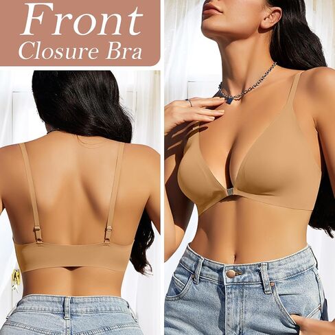 WOWENY Front Closure Bras for Women No Underwire Low Cut Deep V Padded Bralette Seamless Comfy Bras with Support in Saudi Arabia