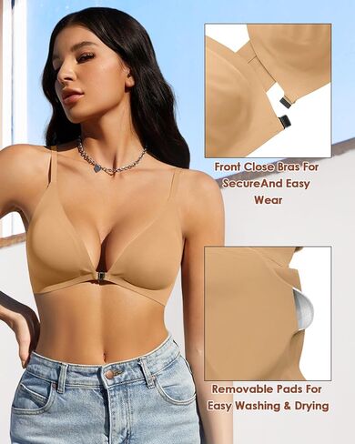 WOWENY Front Closure Bras for Women No Underwire Low Cut Deep V Padded Bralette Seamless Comfy Bras with Support in Saudi Arabia
