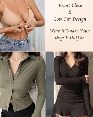 WOWENY Front Closure Bras for Women No Underwire Low Cut Deep V Padded Bralette Seamless Comfy Bras with Support in Saudi Arabia