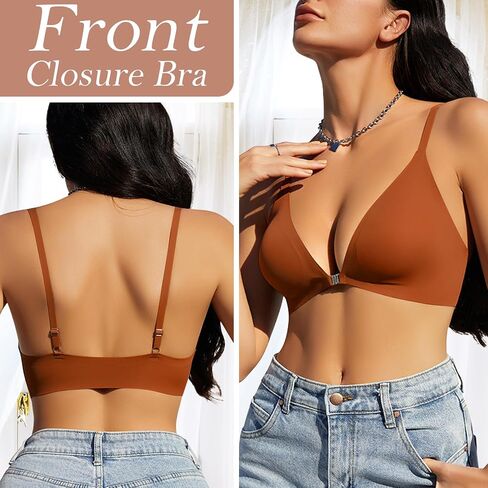 WOWENY Front Closure Bras for Women No Underwire Low Cut Deep V Padded Bralette Seamless Comfy Bras with Support in Saudi Arabia