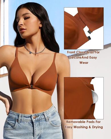 WOWENY Front Closure Bras for Women No Underwire Low Cut Deep V Padded Bralette Seamless Comfy Bras with Support in Saudi Arabia