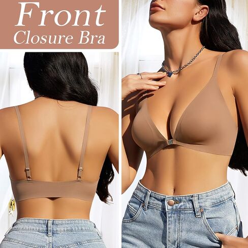 WOWENY Front Closure Bras for Women No Underwire Low Cut Deep V Padded Bralette Seamless Comfy Bras with Support in Saudi Arabia