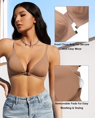 WOWENY Front Closure Bras for Women No Underwire Low Cut Deep V Padded Bralette Seamless Comfy Bras with Support in Saudi Arabia