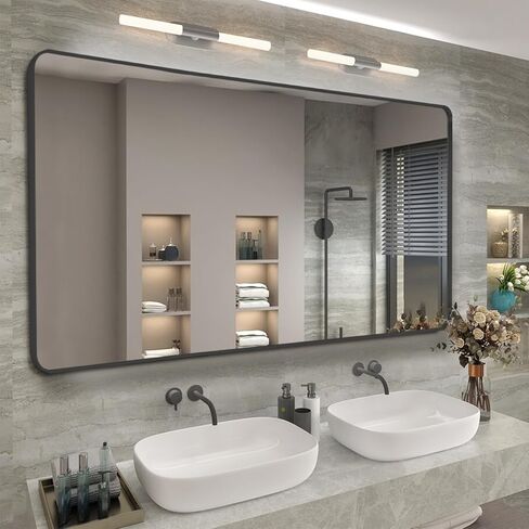 مرآة حمام معدنية مصقولة مقاس 48 × 30 بوصة من TheiaMo، مرآة غرور مستطيلة الشكل عالية الدقة مقاومة للكسر، مرآة فضية خالية من النحاس مثبتة على الحائط، أفقية/عمودية، أسود in Kuwait