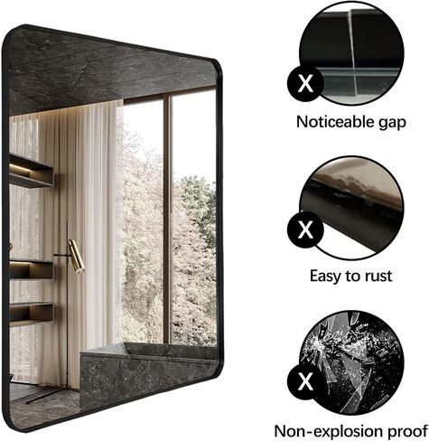 مرآة حمام معدنية مصقولة مقاس 48 × 30 بوصة من TheiaMo، مرآة غرور مستطيلة الشكل عالية الدقة مقاومة للكسر، مرآة فضية خالية من النحاس مثبتة على الحائط، أفقية/عمودية، أسود in Kuwait