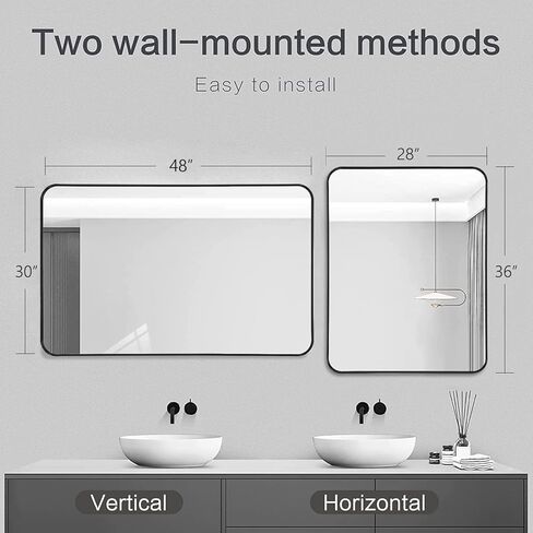 مرآة حمام معدنية مصقولة مقاس 48 × 30 بوصة من TheiaMo، مرآة غرور مستطيلة الشكل عالية الدقة مقاومة للكسر، مرآة فضية خالية من النحاس مثبتة على الحائط، أفقية/عمودية، أسود in Kuwait