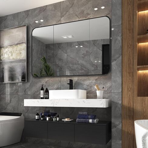 مرآة حمام معدنية مصقولة مقاس 48 × 30 بوصة من TheiaMo، مرآة غرور مستطيلة الشكل عالية الدقة مقاومة للكسر، مرآة فضية خالية من النحاس مثبتة على الحائط، أفقية/عمودية، أسود in Kuwait