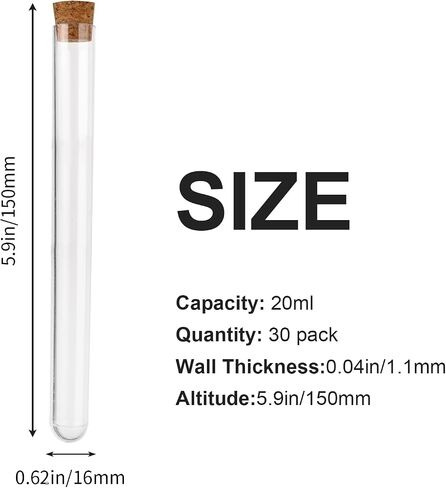 30 Covered Plastic Test Tubes - Small Plastic Tubes, 20ml Transparent Plastic Tubes with Cork Stoppers, Small Transparent Plastic Tube Containers for Solid and Liquid Storage (30, 16mm*150mm) in Saudi Arabia