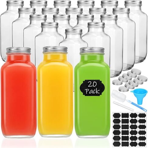 12 Pack 16oz Glass Juice Bottles with Lids,Reusable Glass Drinking Bottles with Caps,Straws, Glass Square Beverages Drinking Jars for Tea, Milk,Kombucha,Homemade Drinks in Saudi Arabia
