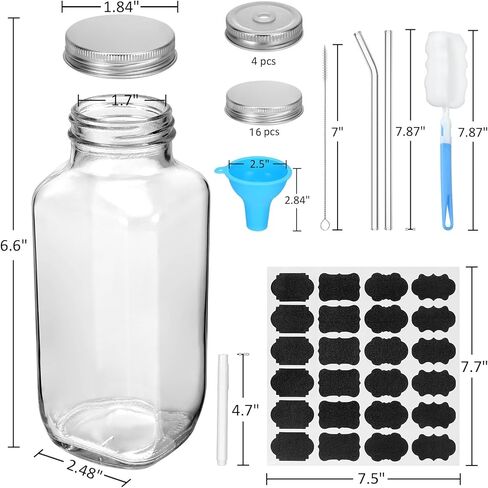 12 Pack 16oz Glass Juice Bottles with Lids,Reusable Glass Drinking Bottles with Caps,Straws, Glass Square Beverages Drinking Jars for Tea, Milk,Kombucha,Homemade Drinks in Saudi Arabia