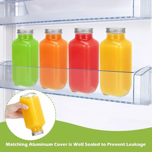 12 عبوة من زجاجات عصير زجاجية سعة 16 أونصة مع أغطية، زجاجات شرب زجاجية قابلة لإعادة الاستخدام مع أغطية وقش ومشروبات مربعة زجاجية برطمانات شرب للشاي والحليب والكومبوتشا والمشروبات محلية الصنع in Kuwait
