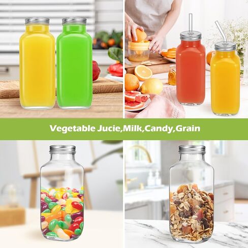 12 Pack 16oz Glass Juice Bottles with Lids,Reusable Glass Drinking Bottles with Caps,Straws, Glass Square Beverages Drinking Jars for Tea, Milk,Kombucha,Homemade Drinks in Saudi Arabia