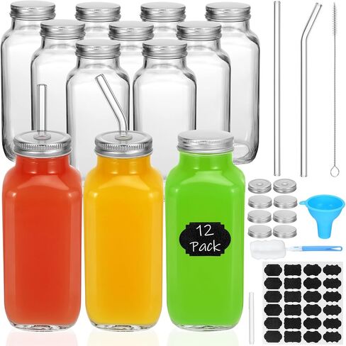 12 عبوة من زجاجات عصير زجاجية سعة 16 أونصة مع أغطية، زجاجات شرب زجاجية قابلة لإعادة الاستخدام مع أغطية وقش ومشروبات مربعة زجاجية برطمانات شرب للشاي والحليب والكومبوتشا والمشروبات محلية الصنع in Kuwait