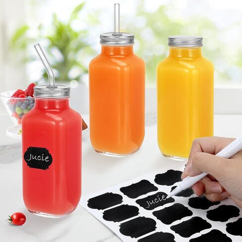 12 عبوة من زجاجات عصير زجاجية سعة 16 أونصة مع أغطية، زجاجات شرب زجاجية قابلة لإعادة الاستخدام مع أغطية وقش ومشروبات مربعة زجاجية برطمانات شرب للشاي والحليب والكومبوتشا والمشروبات محلية الصنع in Kuwait