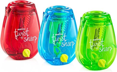 Bostitch Office Pencil Sharpener Twist-N-Sharp Colored Manual Small Pencil Sharpeners Hand Held, 3 Pack, Covered, Lime Green, Blue and Red Color Portable Handheld Sharpeners with Cover, PS1-ADJ-X3 in Saudi Arabia