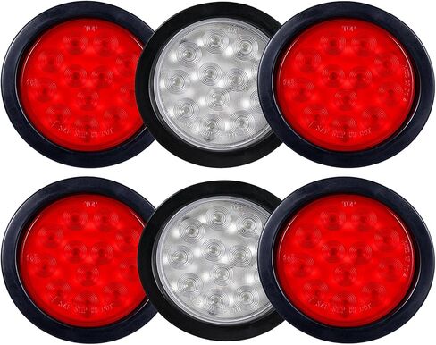 4 أحمر + 2 أبيض 4 بوصة مصابيح LED مستديرة للمقطورة الخلفية 12 مصباح LED مقاوم للماء لإيقاف الفرامل بدوره الذيل ماركر أضواء مقطورة محكمة الغلق لشاحنة مقطورة RV قارب Jeep UTE UTV جروميت والمكونات متضمنة in Kuwait