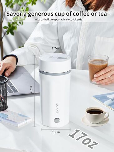 balbali 17oz Travel Kettle Portable Electric Kettle - Mini Hot Water Boiler/Maker/Heater/Warmer for Tea - Small Electric Thermos Heated Travel Mug - Portable Kettle for Travel - White in Kuwait