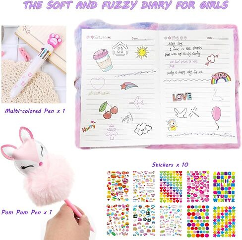 WIEWUSCH Girls Diary with Lock,Journal for Kids with Bookmarks Sticky Notes Pom Pom Pen Notebook for Writing and Drawing 160 Lined Pages Diary for Girls ages 6-8 in Saudi Arabia